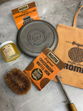 Load image into Gallery viewer, Chuckwagon Waffle Iron Gift Set Bundle from Rome, including cast iron waffle iron, storage cover, seasoning oil, and cleaning brush, displayed on a gray surface.