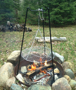 Tri Pod Camping Grill - Original By Rome #117EZ Rome full product view in campfire