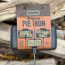 Load image into Gallery viewer, Rome Double Pie Iron cooking head close up with packaging wood background
