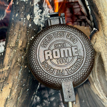 Load image into Gallery viewer, Round Cast Iron Round Pie Iron cooking head close up in wood fire