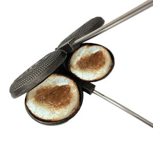 Load image into Gallery viewer, Rome Double Round Pie Iron open view with two toasted round sandwiches white background