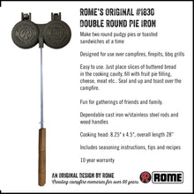 Load image into Gallery viewer, Rome Round Pie Iron full view with informational text