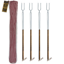 Load image into Gallery viewer, Set of 4 Big Stick Hot Dog &amp; Marshmallow Forks With Gingham Carry Bag