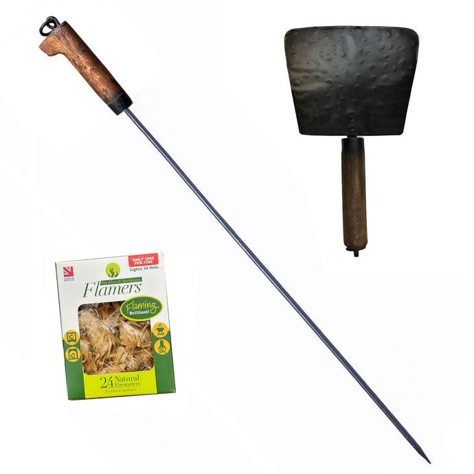 Firepit tool kit includes firestart box, firewood poker and ash removal shovel tool