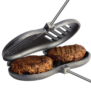 Double Burger Griller Cast Iron - Original By Rome open view with burgers