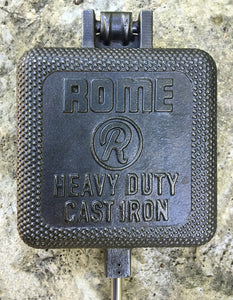 XL Square Cast Iron Pie Iron - Original By Rome closeup cooking head view 2