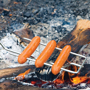 Set Of 3 Long Safe'T'Forks - Original by Rome closeup product view with hotdogs in campfire