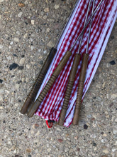Load image into Gallery viewer, Set Of 4 Hot Dog &amp; Marshmallow Forks With Gingham Carry Bag close up top view of fork handles