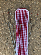 Load image into Gallery viewer, Set Of 4 Hot Dog &amp; Marshmallow Forks With Gingham Carry Bag close up top view of fork tines