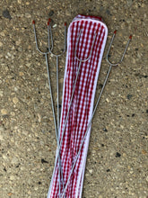 Load image into Gallery viewer, Set of 4 Hot Dog &amp; Marshmallow Forks With Gingham Carry Bag Rome closeup forks and bag view 2